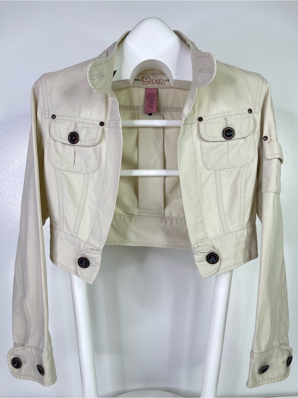 Original Star Jeans Cropped Canvas Utility Jacket Cream Beige Women's Small Y2K